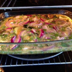 My healthy quiche - courgettes, red onions, coriander, a touch of salt, Thai chillies, lots of egg whites and a few whole eggs
