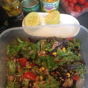 My late lunch! Tuna and sweetcorn salad with olives, tomatoes and leaves