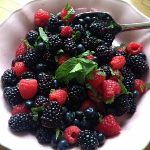 Our dessert for today - fresh berries with mint adding more freshness to the berries