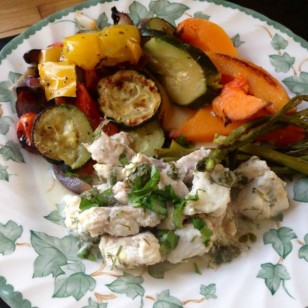 Tuna and Haddock with oven roasted Mediterranean vegetables