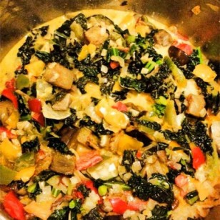 Our dinner tonight is mushrooms, red peppers, yellow peppers, aubergine, courgettes, green peppers, onions, cavolo nero, puy lentils, sea salt, garlic, chilli, turmeric and organic coconut cream